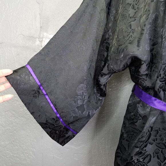 Vtg Victoria Secret Gold Label Robe One Size Satin Rose Black Purple Tie Kimono - Picture 3 of 15